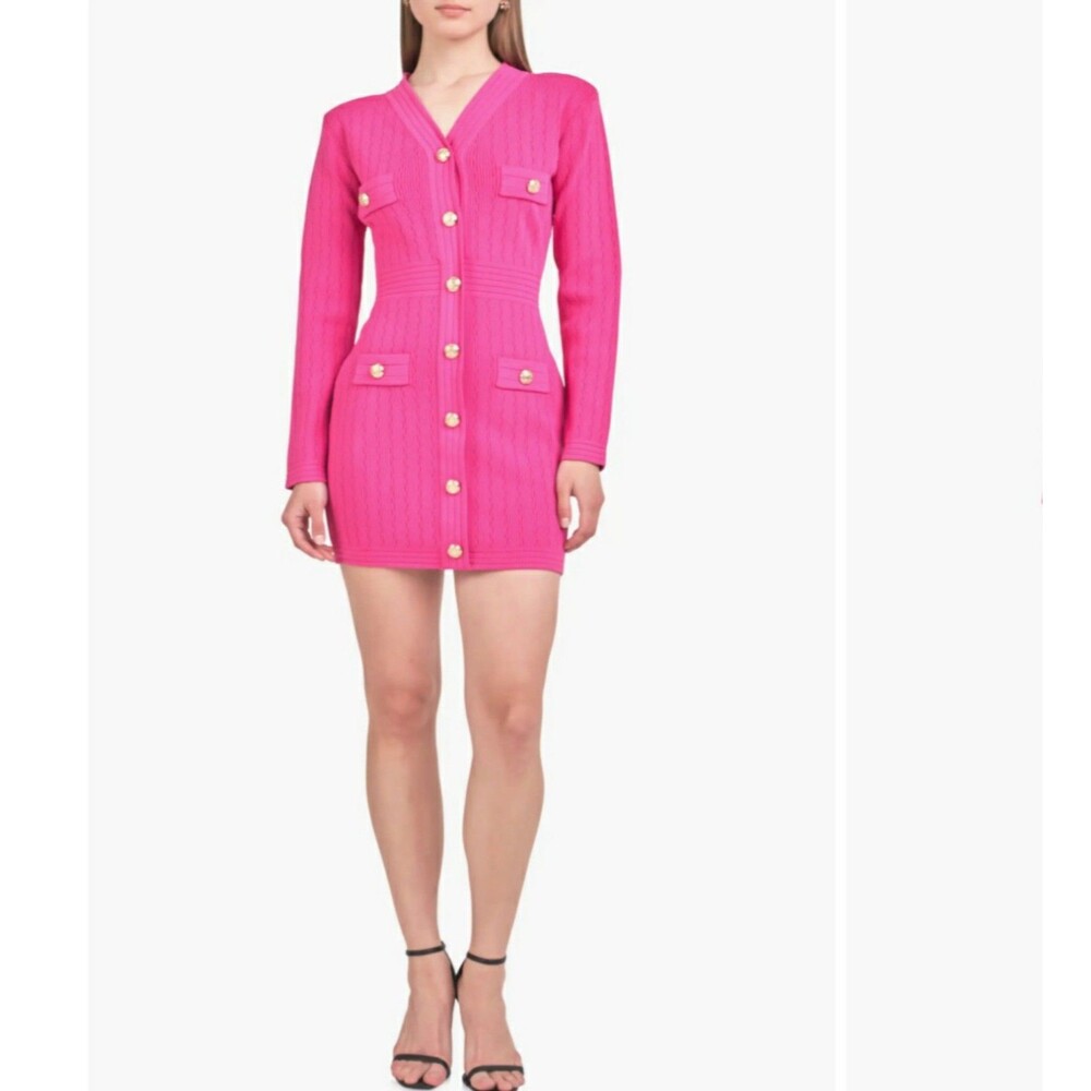 NWT Endless Rose Vibrant fuchsia ribbed knit sweater minidress V-neckline Sz Sm